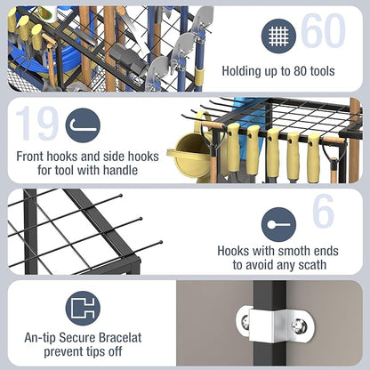 Garden Tool Organizer, Metal Yard Tool Organizer,Holds 70 Long-Handled Tools/Rakes/Brooms,Side Garden Pocket,Heavy Duty Steel Yard Tool Storage Rack for Garage,Shed, Outdoor(Black-Large)