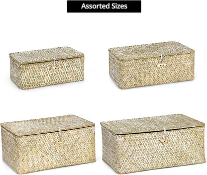 QWORK Seagrass Basket Set with Lids - 4-Piece Rattan Wicker Storage Baskets in Assorted Sizes, Handwoven, Durable Organizer for Home & Office, Rustic Farmhouse Decor, White