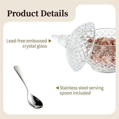 7 oz Crystal Glass Salt Cellar with Lid and Stainless Steel Spoon for Kitchen Seasoning (Ball shape)