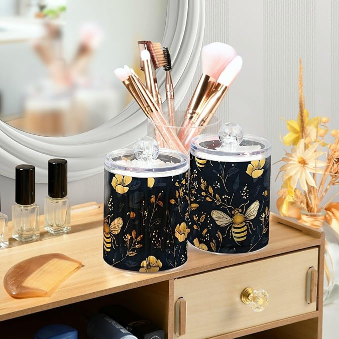 2 Pack Qtip Holder Dispenser for Cotton Ball Bumblebee Wildflowers Cotton Swab Round Pads Clear Plastic Acrylic Jar Set Bathroom Canister