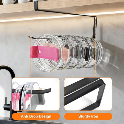 Horizontal Tumbler Lid Holder, Under-Cabinet Storage Hook Organizes Up to 10 Lids, Space-Saving Cup Lid Rack for Kitchen, Also Functions as a Hanging Paper Towel Dispenser