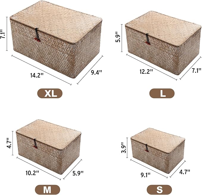 4 Pack, Wicker Baskets with Lids, Nautral Seagrass Storage Baskets, Woven Rectangular Basket Bins, Rattan Storage Organizer for Shelf (Whitewashed, Set of 4)