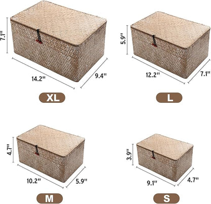 4 Pack, Wicker Baskets with Lids, Nautral Seagrass Storage Baskets, Woven Rectangular Basket Bins, Rattan Storage Organizer for Shelf (Whitewashed, Set of 4)