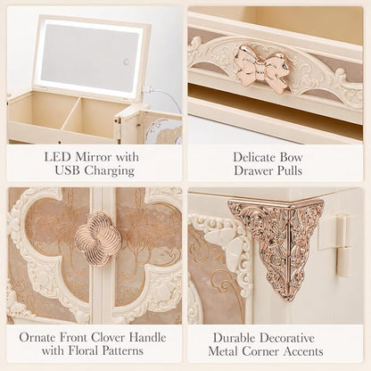 Lighted Vanity Makeup Organizer with Mirror, Large Vintage Cosmetic Storage Box with Drawers, Waterproof Dustproof Skincare & Beauty Organizer for Bathroom Counter, Gift for Women (Off-white)
