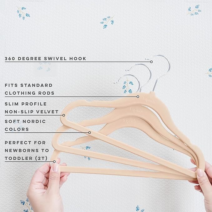 3 Sprouts Velvet Baby Hangers - Non-Slip Hangers for Infant and Toddler Clothes - Slim Space-Saving Design with Nordic Colors for Nursery - 30 Pack - Hazelnut