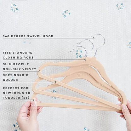 3 Sprouts Velvet Baby Hangers - Non-Slip Hangers for Infant and Toddler Clothes - Slim Space-Saving Design with Nordic Colors for Nursery - 30 Pack - Hazelnut