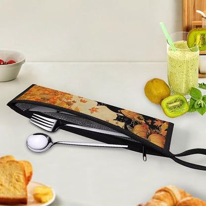 COEQINE Fall Portable Travel Utensil Case Lightweight Cute Black Cats Pumpkin Tanksgiving Themes Portable Travel Knife Fork Spoon Organizer Holder for Picnic Outdoor