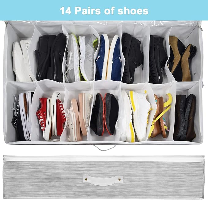 Shoe Organizer Under Bed,Underbed Shoe Storage Boxes Bins,Sturdy Organizador De Zapatos,Extra Large Zapateras Organizer for Closet,Men Women Kids Shoes,High Heels,Short Boots,Sneakers,White,Set of 2