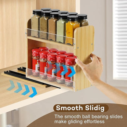 2 Tier Pull Out Spice Rack Organizer, Bamboo Sliding Spice Rack for Kitchen Cabinet, (4.4" W x 10.6" D x 10.4" H) Spice Storage, Pantry Organization