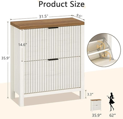 YOMILUVE Shoe Cabinet Storage for Entryway, Fluted Shoe Cabinet with 2 Flip Drawers, Hidden Shoe Rack Tall Freestanding Shoe Organizer with Legs for Hallway, White