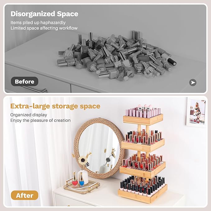 Homde Nail Polish Display Stand and Storage: 360 Degree Rotating Bamboo Rack Organizer, 4 Tier Makeup Holder for Fast Access on Countertop or Vanity for Girls & Women,Brown