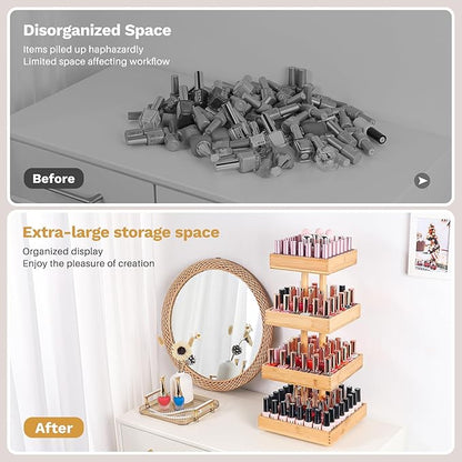 Homde Nail Polish Display Stand and Storage: 360 Degree Rotating Bamboo Rack Organizer, 4 Tier Makeup Holder for Fast Access on Countertop or Vanity for Girls & Women,Brown