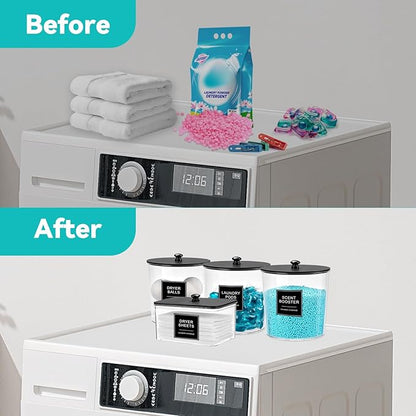 Laundry Pods Container & Dryer Sheet Holder, Laundry Room Organization and Storage Jars with Lids, Labels & Scoops for Powder Detergent Scent Booster, Black Lid