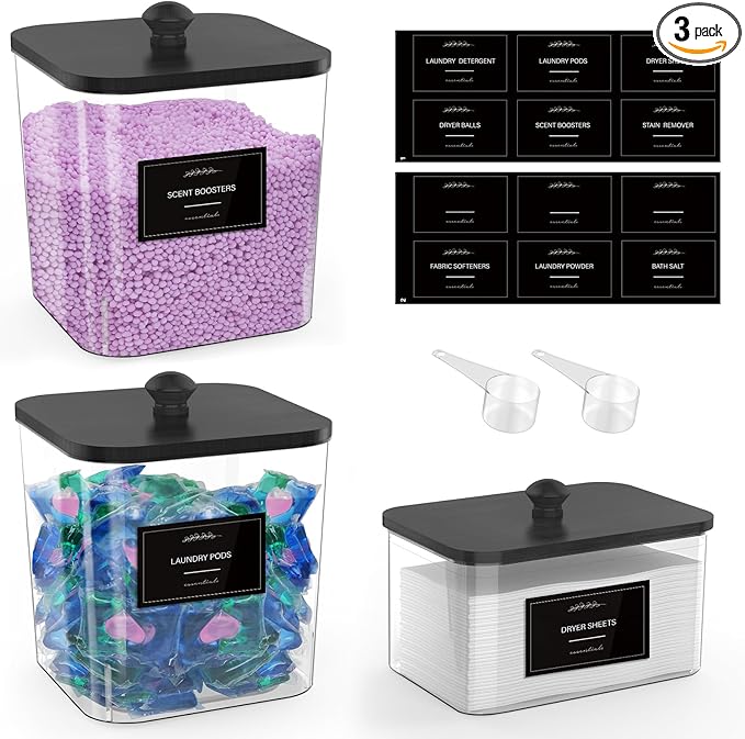 COAZEX 2+1 Pack Clear Laundry Pods Container & Dryer Sheet Holder, Plastic Square Laundry Room Organization and Storage Jars with Black Lids, Scoops & Labels for Detergent, Powder, Dryer Balls