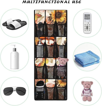 Over the Door Organizer with 12 Pockets, Space Saving Hanging Storage for Bathroom, Pantry, Nursery, Reinforced Hooks,Sunflower Butterfly