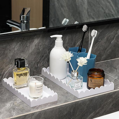 2 Pack Acrylic Bathroom Vanity Tray 7.9" and 9.6", Soap Dispenser Decorative Scalloped Tray for Bathroom Kitchen Living Room Decor Vanity Perfume, White