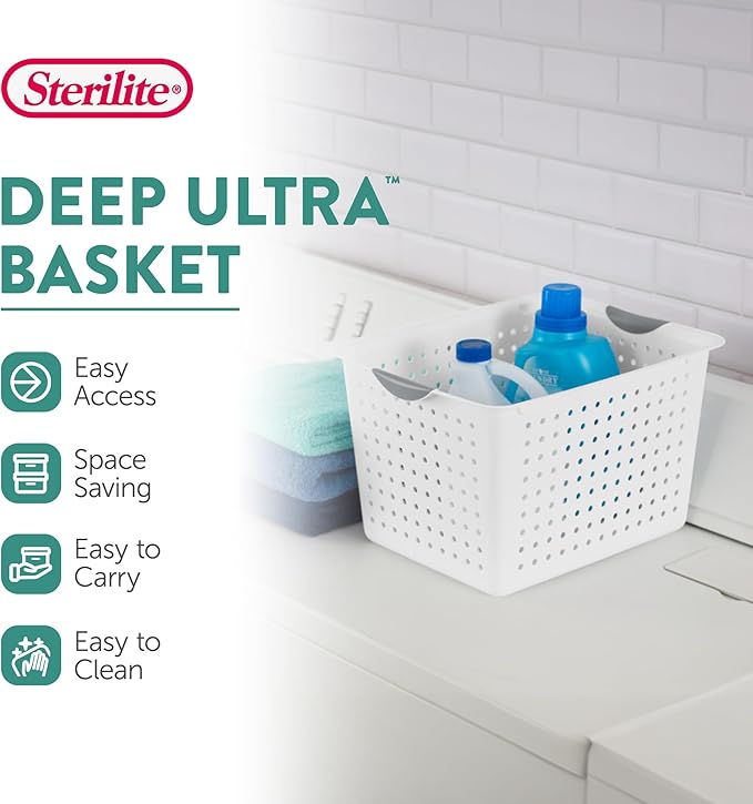 Sterilite 6-Pack Deep Ultra Basket, Open Top Plastic Storage Organizer, White - Classic Baskets for Organizing Countertops, Pantry Shelves, Kitchen Cabinets, Laundry Rooms or Home Offices