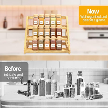 Spice Rack - Tiered Spice Rack Organization for Cabinet - 3 Tier Bamboo Display Spice Shelf for Countertop