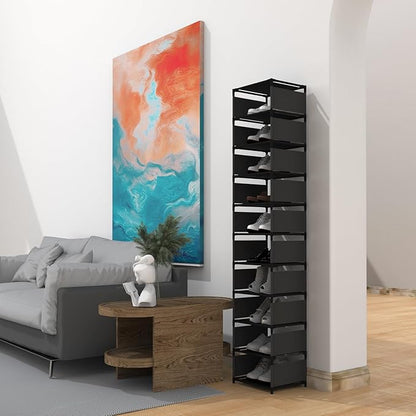 Vertical Shoe Rack, 10 Tier Narrow Shoe Rack for Closet & Entryway, Space Saving Tall Shoe Organizer for Small Spaces, Sturdy Metal Stackable Shoe Shelf Tower for Boots & Heels, Black