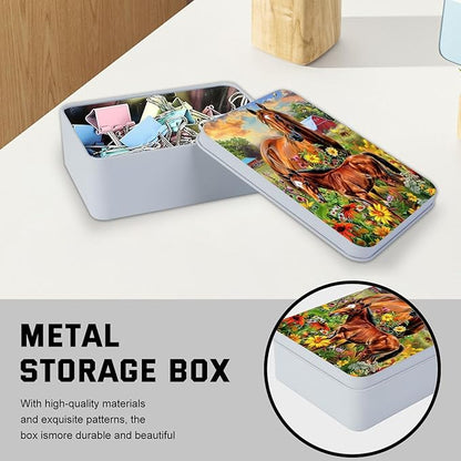 Metal Tin Box with Lid for Game Cards Home Organizer Candles Keys Crafts Storage - Equipped with 4 Magnetic Cord Clips，Horses and flowers