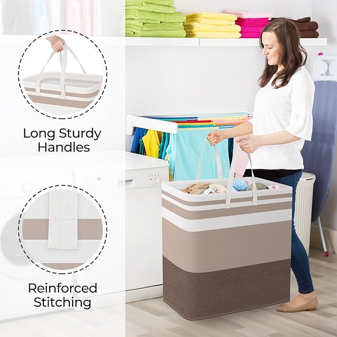 StorageRight Large Collapsible Laundry Basket Hamper with Easy Carry Handles，Freestanding Clothes Hampers for Laundry, Bedroom, Dorm, Towels, Toys, 100L, Khaki