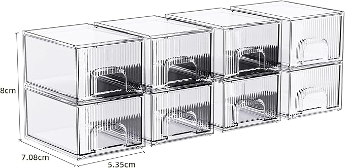 ZHIAI 8 Pack Clear Stackable Storage Drawer, Acrylic Drawer, Cosmetic Organizer, Plastic Organizer for Dresser, Under, Kitchen Cabinet, Pantry, Home Organization and Storage