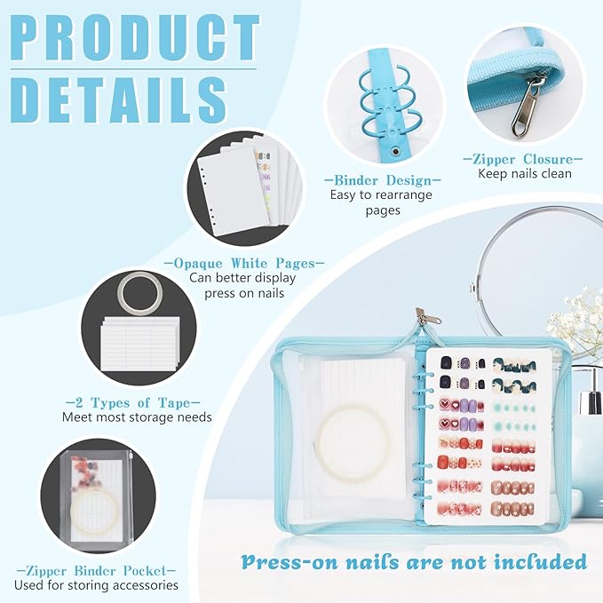 KEIFIN Press On Nail Storage Organizer Binder with 8 Insert Pages - A5 Size Reusable Fake Nail Swatch Collecting Book Polish Color Display Holder Container with Tape and Zipper Pocket (BLUE)