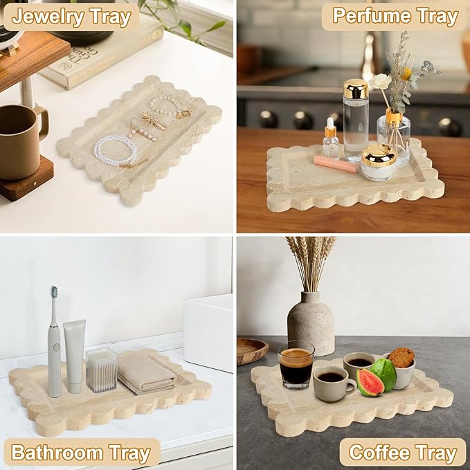 100% Natural Marble Vanity Tray - Real Stone Storage Organizer for Bathroom/Kitchen/Vanity/Dresser, Countertop Tray for Perfume, Jewelry, Home Decor, 11.8 x 7.8 x 0.7 Inch