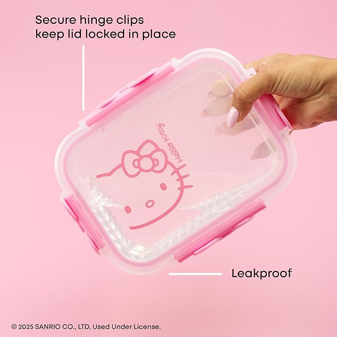 JoyJolt Sanrio Hello Kitty Fluted Glass Food Storage Containers with Lids, 2x Airtight Glass Storage Containers with Lids for Kitchen, Reusable Lunch Meal Prep Container, Cute Hello Kitty Gifts