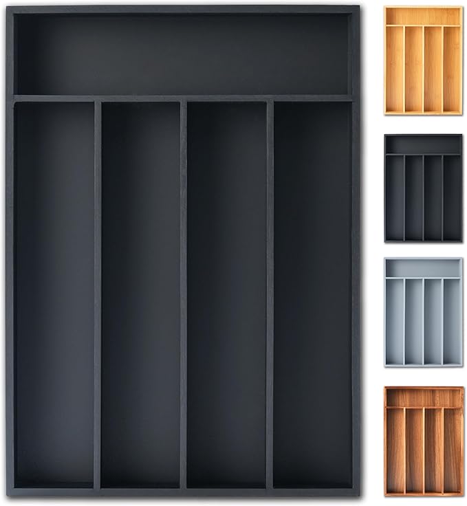 Silverware Organizer, 10 Inch Utensil Organizer Kitchen Drawer Organizer Bamboo Silverware Holder Cutlery Tray Organizer in Drawer Flatware Organizer Tray(5 slots, Black