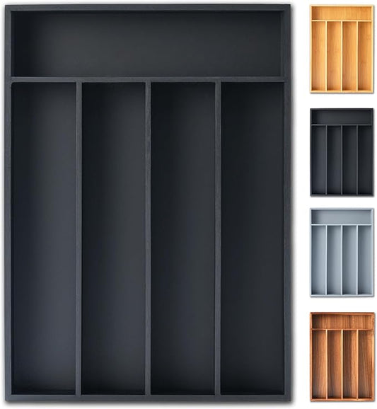 Silverware Organizer, 10 Inch Utensil Organizer Kitchen Drawer Organizer Bamboo Silverware Holder Cutlery Tray Organizer in Drawer Flatware Organizer Tray(5 slots, Black