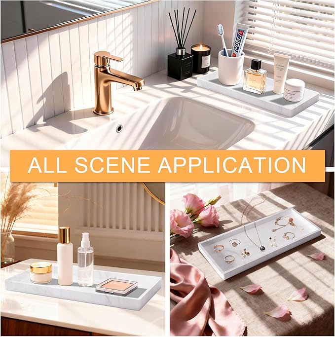 Bathroom Vanity Tray, Silicone 11.8 x 5 Inch Bathroom Counter Tray Decor, Extra-Large Bathroom Trays Holders and Organizers for Toilet Top, Dresser, Waterproof Decorative Tray, Marble White