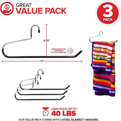 Blanket Hangers (3 Pack) - Stainless Steel Quilt Hangers with Vinyl Non-Slip Coating - Holds Up to 40 Lbs - Heavy Duty for Closet Storage, Comforters, Bedding, Towels, Rugs - Stock Your Home