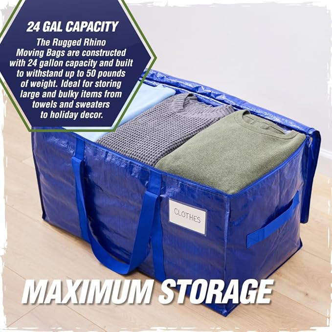 RUGGED RHINO Heavy Duty Extra Large Blue Moving Bags, Durable Bag with Strong Handles and Zipper, Moving Boxes Alternative for College Packing, Holiday Décor, Space Saving Storage with Label, 2 Pack