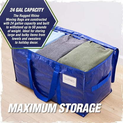 RUGGED RHINO 4 Pack Heavy Duty Extra Large Blue Moving Bags, Durable Bag with Strong Handles and Zipper, Moving Boxes Alternative for College Packing, Holiday Décor, Space Saving Storage with Label