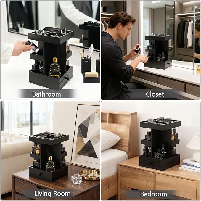 Rotating Cologne Organizer for Men – Black Wooden Perfume Stand with Dual Drawers, Multi-Tier Fragrance Display & Jewelry Storage for Dresser or Bathroom