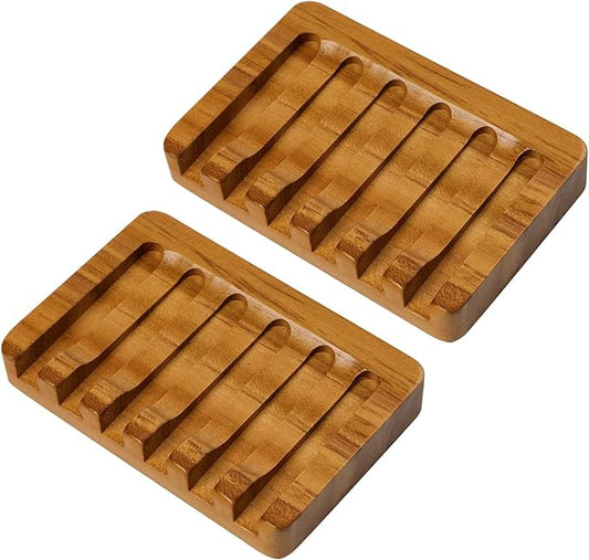 SAMEBUTECO Set of 2 Teak Wood Soap Dishes with Sloped Drain | Bar Soap Holder for Shower, Bathroom Sink, Kitchen | Natural Wooden Soap Saver Tray with Quick-Dry Grooves