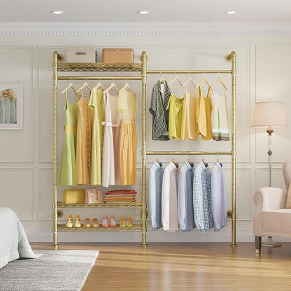 Timate F2 Industrial Pipe Clothes Rack Wall Mounted Clothing Rack for Hanging Clothes, Expandable Garment Rack Heavy Duty Wardrobe Closet Organizer and Storage, Adjustable Industrial Closet Kit, Gold