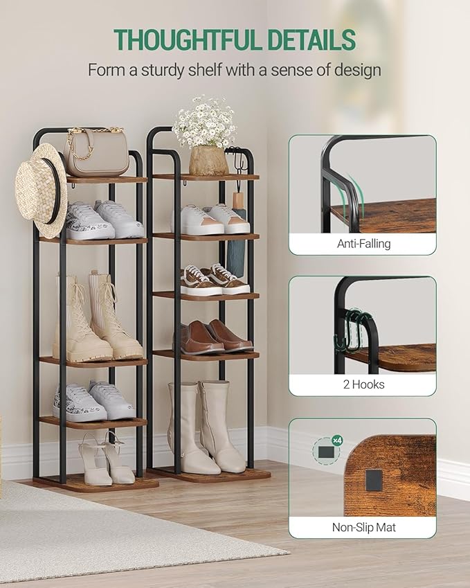 Hzuaneri 6 Tiers Vertical Shoe Rack, Narrow Shoe Tower, Tall Shoes Shelf with 2 Hooks, Adjustable Shelves, Corner Shoes Shelves for Small Spaces, Entryway, Living Room, Rustic Brown SR04201B