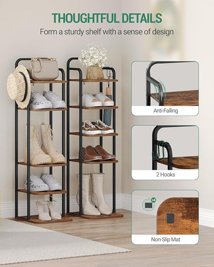 Hzuaneri 6 Tiers Vertical Shoe Rack, Narrow Shoe Tower, Tall Shoes Shelf with 2 Hooks, Adjustable Shelves, Corner Shoes Shelves for Small Spaces, Entryway, Living Room, Rustic Brown SR04201B