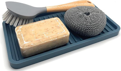 Silicone Sink and Surface Organizer Tray, Sponge Holder, Vanity Tray, Trivet, Heat Safe, Dishwasher Safe, for Bathroom and Kitchen Organization (Smoky Blue, 10"x5.25")