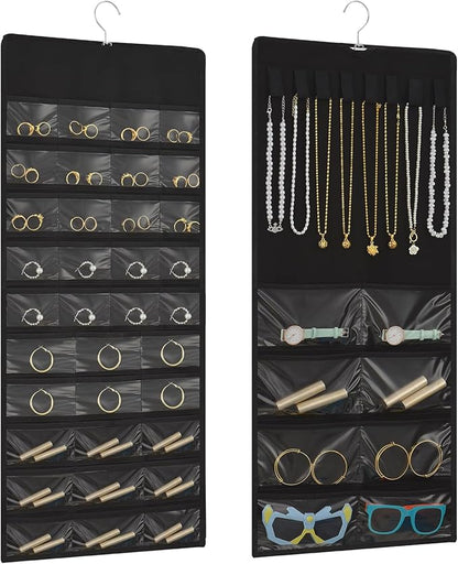 Hanging Jewelry Organizer with Multi-size pockets Double-Sided Jewelry Holder for Earrings, Necklaces, Rings on Closet, Wall, Door,Jewelry Organizer Hanging for Closet, Black