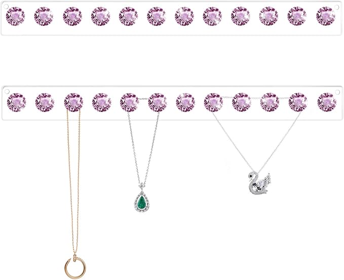 Acrylic Necklaces Holder Wall Mounted Necklace Hangers Hanging Jewelry Organizer with 12 Hooks, Clear Jewelry Hangers for Necklace Organizer for Girls Women, Necklace Hooks for Wall (Purple, 2 Pack)