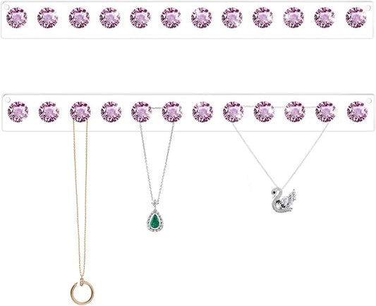 Acrylic Necklaces Holder Wall Mounted Necklace Hangers Hanging Jewelry Organizer with 12 Hooks, Clear Jewelry Hangers for Necklace Organizer for Girls Women, Necklace Hooks for Wall (Purple, 2 Pack)