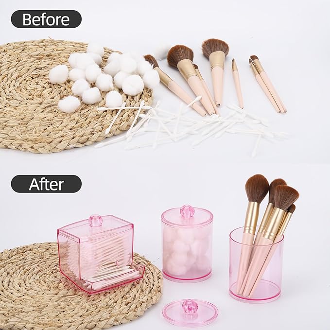 Tbestmax Pink Qtips Dispenser Bathroom Container, 10/12 oz Big Cotton Ball Holder, Apothecary Jar Organizer for Storage Cotton Swab, Round Pads, Floss Picks