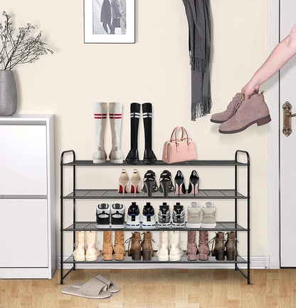 KEETDY 4-Tier Long Shoe Rack for Closet Metal Shoe Organizer for Entryway, Wide Stackable Shoe Storage Shelf with Sturdy Wire Grid for Closet Floor, Bedroom, Black