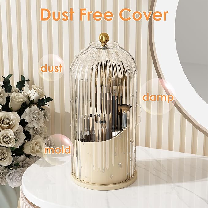 YOOLENS Makeup Brush Holder with Lid 360 Rotating Clear Dustproof Make Up Organizers for Vanity Bathroom Countertop, White Beige