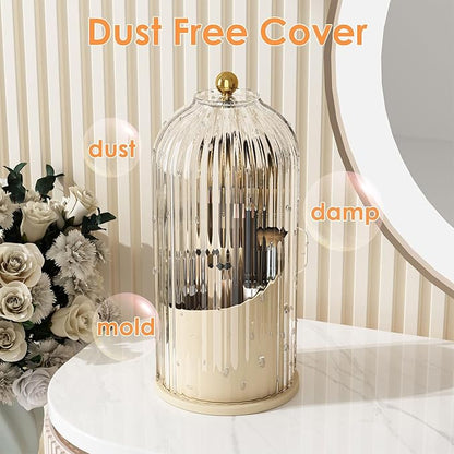 YOOLENS Makeup Brush Holder with Lid 360 Rotating Clear Dustproof Make Up Organizers for Vanity Bathroom Countertop, White Beige
