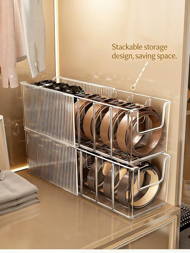 Belt Organizer-2 Pack，Lingerie Organizer for Drawer，Clear Extendable Stackable Storage Bin，for Wardrobe Drawers, Stores Belts Ties Underwear Face Masks
