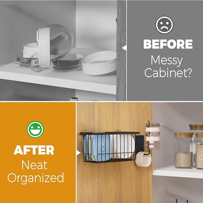 4 Pack Adhesive Cabinet Door Organizer - Tumbler Lid Organizer & Kitchen Storage baskets for Kitchen, Bathroom, Inside Cabinet Door Storage for Cup Lids, Spices, Small Supplies, Space-Saving (Black)